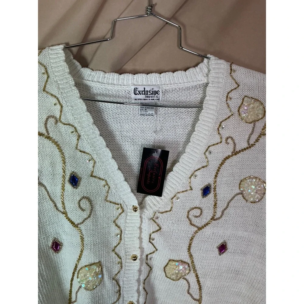 Exclusive Imports Cardigan Womens Medium Cream NWT Beaded Sequin Vintage V-Neck
